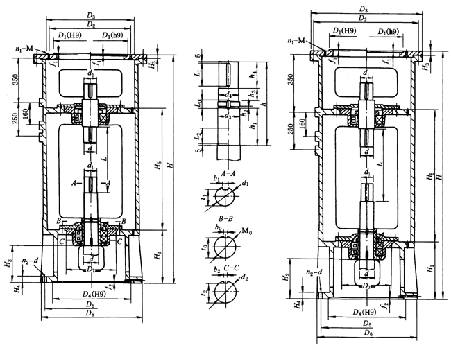 XS3、XS4、XS5、XS6、XS7、型雙支點(diǎn)機(jī)架外形安裝尺寸