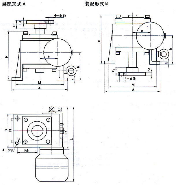 YWJ63、YWJ80、YWJ100、YWJ125、YWJ160、YWJ200型蝸輪絲杠升降機外形安裝尺寸