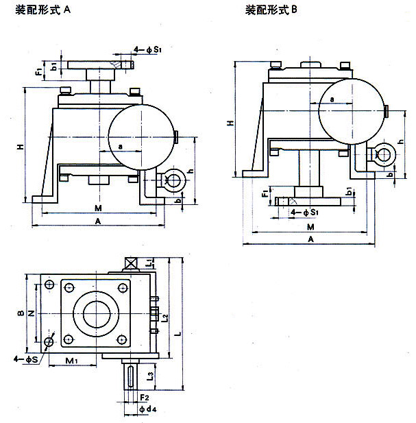 WJ63、WJ80、WJ100、WJ125、WJ160、WJ200型蝸輪絲杠升降機外形安裝尺寸