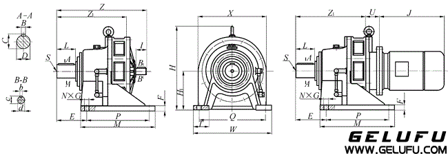 BW12、BWD12、BW15、BWD15、BW18、BWD18、BW22、BWD22、BW27、BWD27、BW33、BWD33、BW39、WD39、BW45、BWD45、BW55、BWD55上海變速機(jī)械廠標(biāo)準(zhǔn)行星擺線針輪減速機(jī)外形及安裝尺寸
