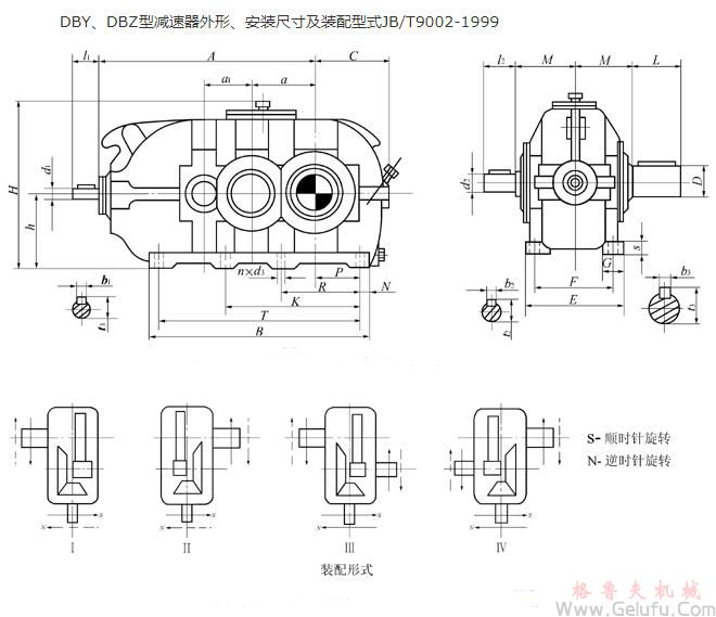 DBY160、DBZ160、DBY180、DBZ180、DBY200、DBZ200、DBY224、DBZ224、DBY250、DBZ250、DBY280、DBZ280、DBY315、DBZ315、DBY355、DBZ355、DBY400、DBZ400、DBY450、DBZ450、DBY500、DBZ500、DBY560、DBZ560減速機外形、安裝尺寸及裝配型式JB/T9002-1999