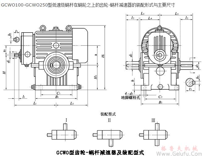 GCWO100-GCWO250型低速級蝸桿在蝸輪之上的齒輪-蝸桿減速機的裝配形式與主要尺寸（JB/T7008-1993）