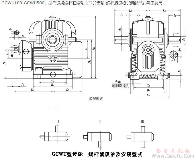 GCWU100-GCWU500、型低速級蝸桿在蝸輪之下的齒輪-蝸桿減速機的裝配形式與主要尺寸（JB/T7008-1993）