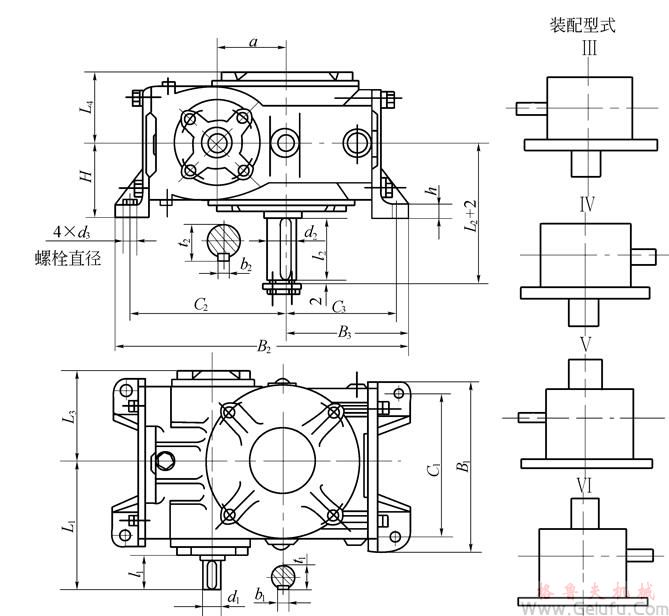 KWS32、KWS40、KWS50、KWS63、KWS80、KWS100、型錐面包絡圓柱蝸桿減速機的外形安裝尺寸和裝配型式Ⅲ—ⅥJB/T 5559－91