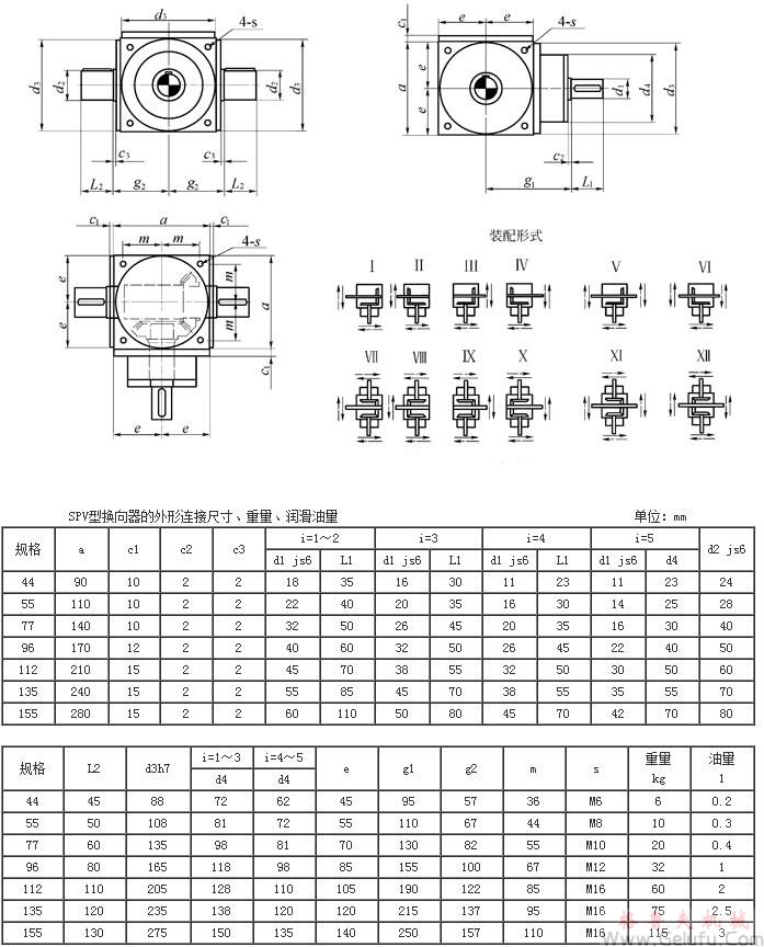 SPV轉(zhuǎn)向器的外形和連接尺寸（輸出軸加強型）