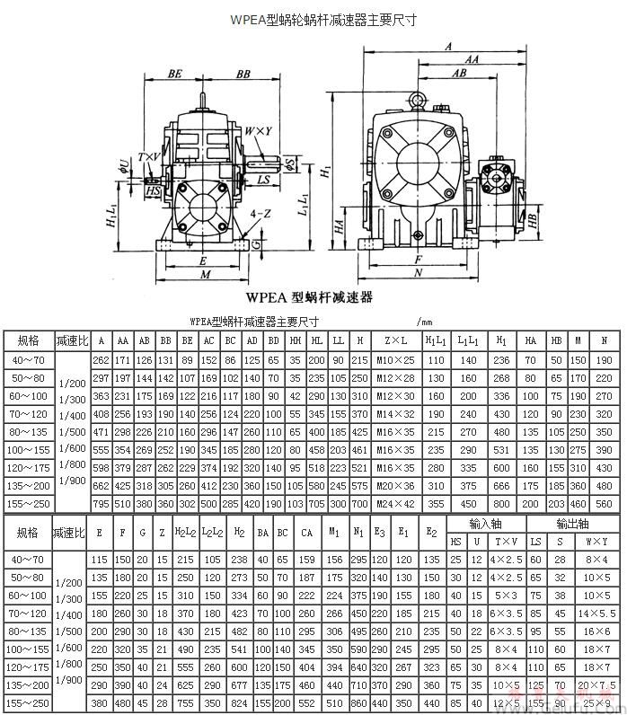 WPEA型蝸輪蝸桿減速機(jī)主要尺寸