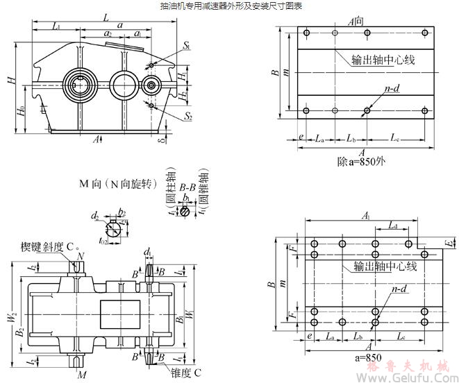 抽油機(jī)專用減速機(jī)外形及安裝尺寸圖表