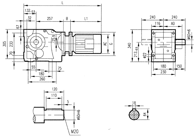 GK87型斜齒輪弧齒錐齒輪減速電機(jī)安裝結(jié)構(gòu)圖尺寸