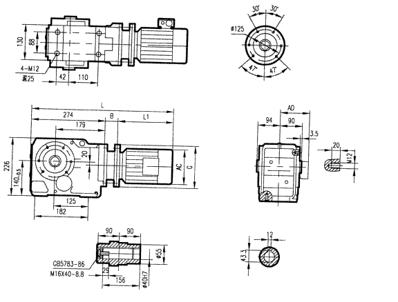 GKA67型斜齒輪弧齒錐齒輪減速電機(jī)安裝結(jié)構(gòu)圖尺寸