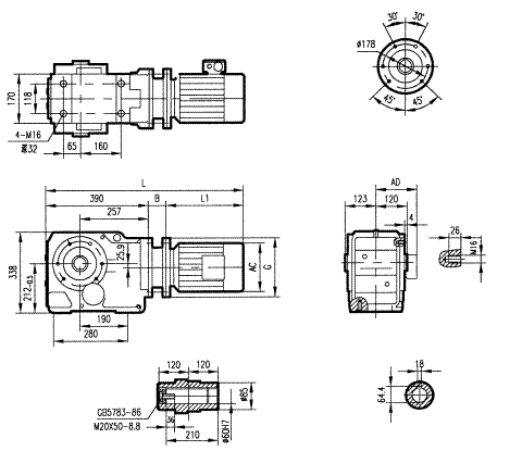 GKA87型斜齒輪弧齒錐齒輪減速電機(jī)安裝結(jié)構(gòu)圖尺寸