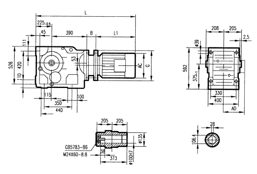 GKA127型斜齒輪弧齒錐齒輪減速電機安裝結構圖尺寸