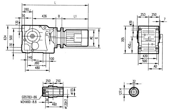 GKA157型斜齒輪弧齒錐齒輪減速電機(jī)安裝結(jié)構(gòu)圖尺寸