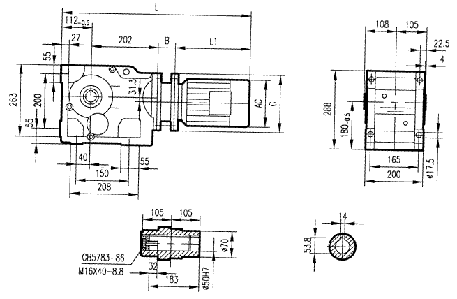 GKA77型斜齒輪弧齒錐齒輪減速電機(jī)安裝結(jié)構(gòu)圖尺寸