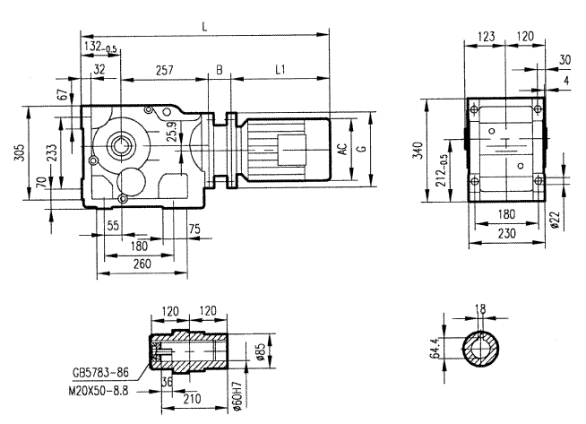 GKAB87型斜齒輪弧齒錐齒輪減速電機安裝結(jié)構(gòu)圖尺寸