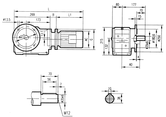 GKF57型斜齒輪弧齒錐齒輪減速電機(jī)安裝結(jié)構(gòu)圖尺寸