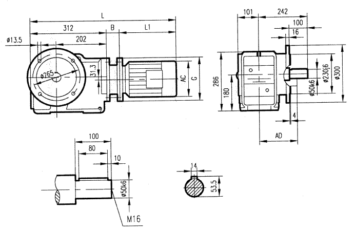 GKF77型斜齒輪弧齒錐齒輪減速電機安裝結構圖尺寸