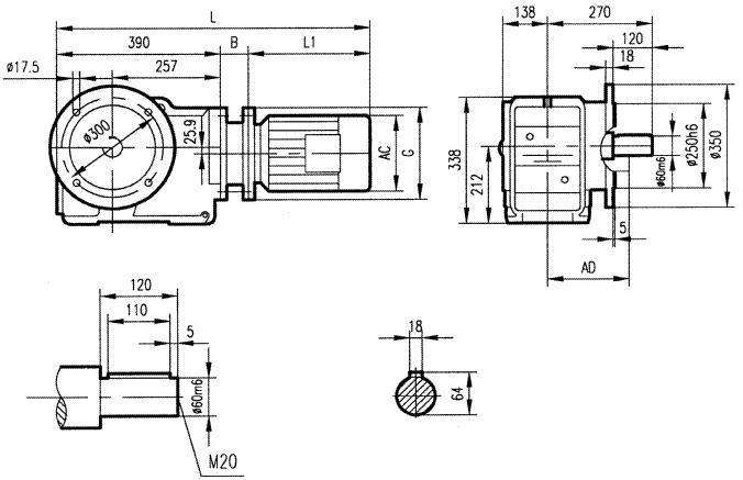 GKF87型斜齒輪弧齒錐齒輪減速電機(jī)安裝結(jié)構(gòu)圖尺寸