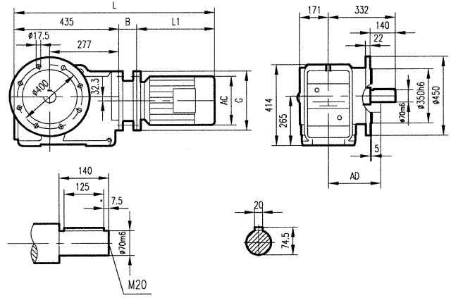 GKF97型斜齒輪弧齒錐齒輪減速電機安裝結(jié)構(gòu)圖尺寸