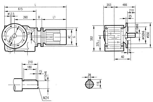 GK127型斜齒輪弧齒錐齒輪減速電機(jī)安裝結(jié)構(gòu)圖尺寸