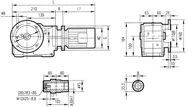 GKA37型斜齒輪弧齒錐齒輪減速電機(jī)安裝結(jié)構(gòu)圖尺寸