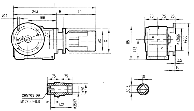 GKAF47型斜齒輪弧齒錐齒輪減速電機(jī)安裝結(jié)構(gòu)圖尺寸