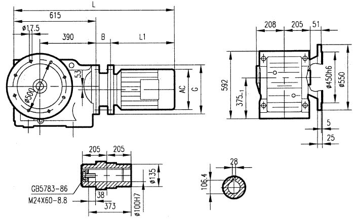 GKAF127型斜齒輪弧齒錐齒輪減速電機安裝結(jié)構(gòu)圖尺寸