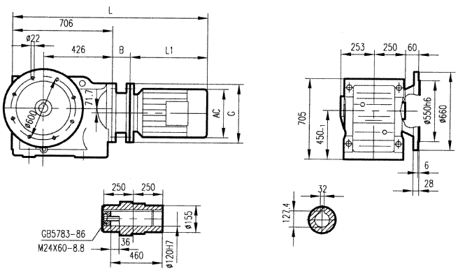 GKA157型斜齒輪弧齒錐齒輪減速電機(jī)安裝結(jié)構(gòu)圖尺寸