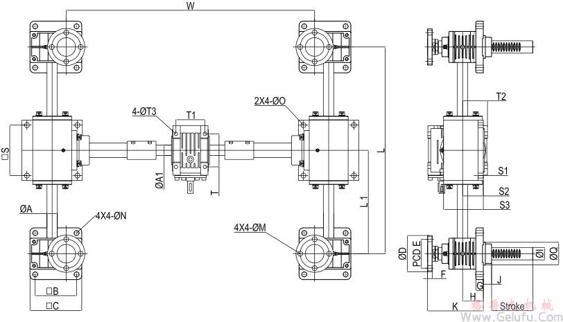 RJ-4SB系列多臺(tái)齒條升降機(jī)與蝸輪減速機(jī)組合高速升降齒條安裝圖